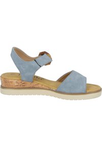 Blue suede wedge sandal with cork-like heel, open toe design, adjustable ankle strap, and textured rubber sole.