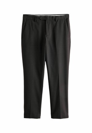 Black formal trousers with side pockets, belt loops, and a front button closure, displayed against a white background.