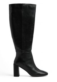 Black knee-high boot made of smooth leather, featuring a pointed toe and a chunky, square heel. Simple, sleek design with minimal accents.