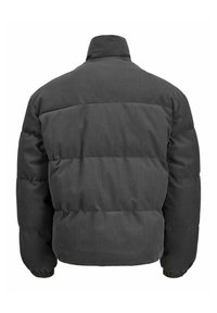 Donkergrijze corduroy pufferjas met hoge kraag, lange mouwen en elastische manchetten, gezien van achteren.