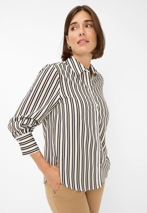 Gestreepte blouse in beige en zwart, met een kraaghals, knoopsluiting en lange mouwen met gathered manchetten. Strijkvrije stof.