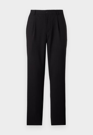 Pantalones de vestir negros con un diseño de pierna recta, fabricados en un tejido suave. Presentan pliegues frontales y un cierre de botón en la cintura.