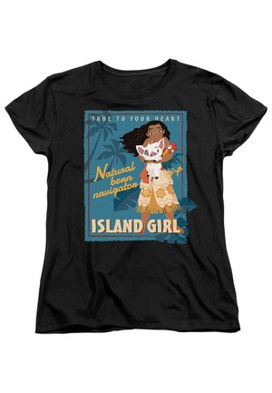 Schwarzes T-Shirt mit einer illustrierten Mädchen mit dunklen Haaren, das einen kleinen Hund und ein Huhn hält, mit tropischen Grafiken und dem Text "ISLAND GIRL".