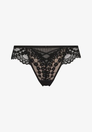 Black lace thong featuring a floral pattern, sheer mesh fabric, intricate detailing, and a solid waistband for a delicate look.