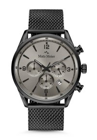La montre chronographe noire présente un cadran rond gris avec trois sous-cadrans, un bracelet en maille noire et des index des heures argentés. Affichage de la date à 6 heures.