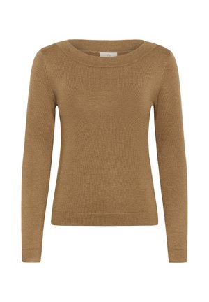 Pull en maille doux, marron, à manches longues et décolleté bateau. Il présente une coupe ajustée et des poignets côtelés aux manches.