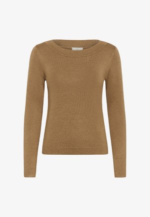 Pull en maille doux, marron, à manches longues et décolleté bateau. Il présente une coupe ajustée et des poignets côtelés aux manches.