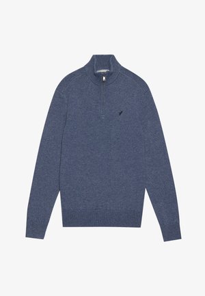 Suéter de hombre azul oscuro, tejido de punto, con collar de medio zipper, puños y dobladillo acanalados, sutil detalle del logo en el pecho, textura suave.
