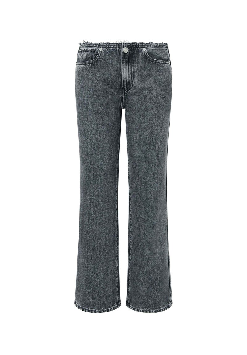 Hoch geschnittene, weite Jeans aus schwarzem Denim. Mit ausgefranstem Saum, zwei vorderen Taschen und einem silbernen Knopfverschluss.