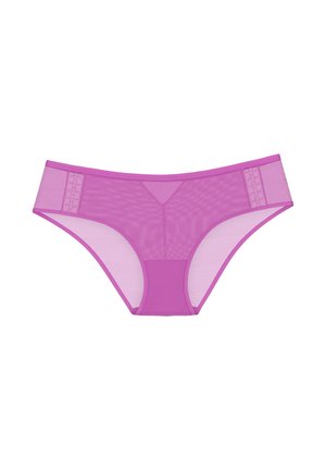 Różowa, przezroczysta siateczkowa bielizna damska w stylu bikini z koronkowymi detalami po bokach i gładkim materiałem na przednim panelu.