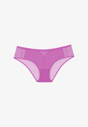 Różowa, przezroczysta siateczkowa bielizna damska w stylu bikini z koronkowymi detalami po bokach i gładkim materiałem na przednim panelu.