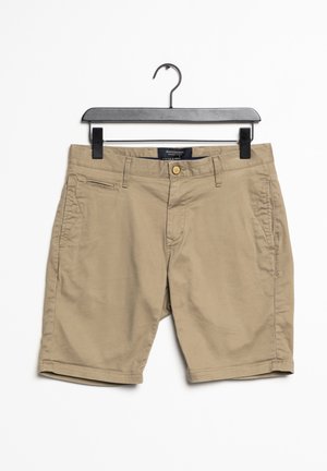 Khaki katoenen shorts met vier zakken, een knoopsluiting en riemlussen. Stijlvolle textuur; rechte snit met een omgeslagen zoom.