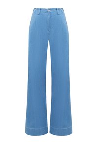 Pantalon décontracté bleu clair en denim, avec une taille haute, deux poches avant et des jambes larges avec des ourlets cousus.