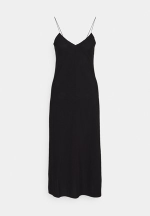 Abito midi nero senza maniche con spalline sottili, scollatura a V e una silhouette dritta. Realizzato in un tessuto liscio e leggero.
