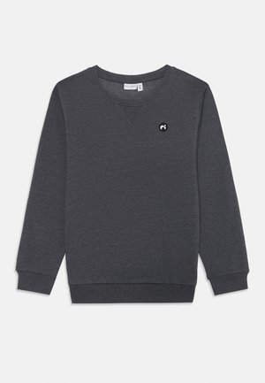 Felpa grigia con scollo a V, maniche lunghe, polsini e orlo a coste. Presenta un piccolo logo circolare sul davanti. Tessuto morbido.