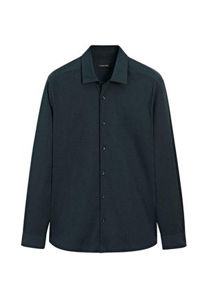 Camicia a maniche lunghe verde scuro realizzata in tessuto liscio, con colletto classico, chiusura a bottoni e polsini a bottoni, dal taglio rilassato.