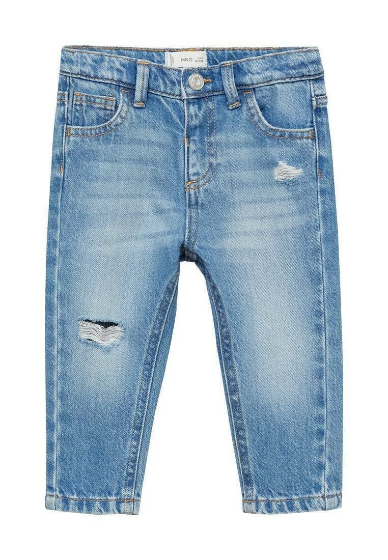 Jeans din denim de culoare albastru deschis, cu un design uzat, prezentând mici găuri și un stil clasic cu cinci buzunare. Tiv curat și talie standard.