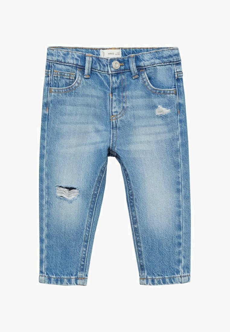 Jeans din denim de culoare albastru deschis, cu un design uzat, prezentând mici găuri și un stil clasic cu cinci buzunare. Tiv curat și talie standard.