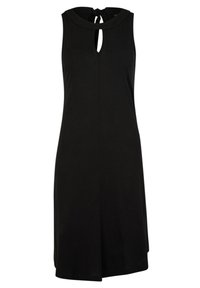 Black sleeveless dress with a round neckline and a keyhole cutout. Soft fabric, relaxed fit, and a tie at the back for adjustment.