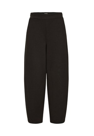 Schwarze, locker sitzende Hose aus dehnbarem Material; mit elastischem Bund und zulaufendem Beinabschluss; glatte Textur ohne sichtbare Muster.