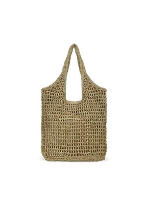 Bolsa tote tejida hecha de fibras naturales, con un diseño de malla abierta, dos asas resistentes, en un color marrón claro con una abertura rectangular.