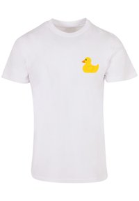 White cotton t-shirt featuring a small yellow rubber duck graphic on the left chest area. Classic crew neck and short sleeves.