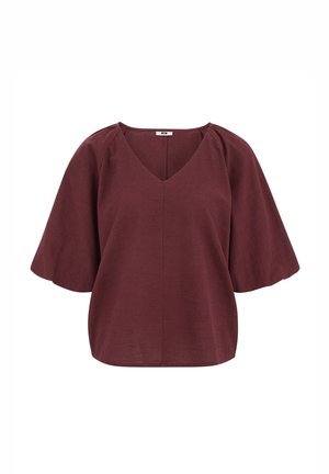 Blouse bordeaux à manches courtes avec encolure en V et manches légèrement évasées, en tissu léger texturé.