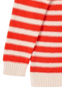 Pull à manches longues avec rayures horizontales rouges et blanches, tissu tricoté texturé, poignets et ourlet côtelés.