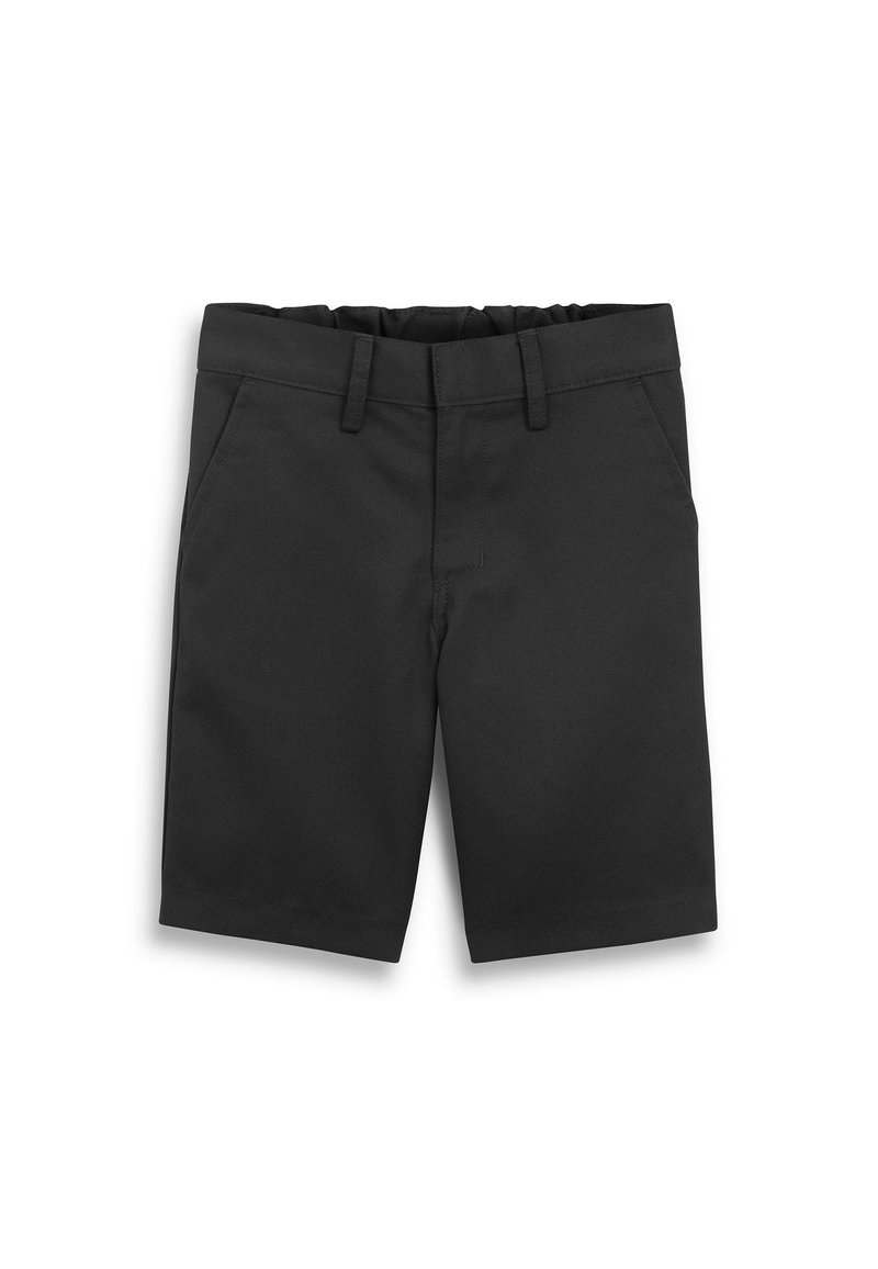 Zwarte shorts gemaakt van een gladde, lichte stof. Voorzien van een vlakke voorkant, riemlussen en twee zijzakken. Geen zichtbare patronen of hardware.