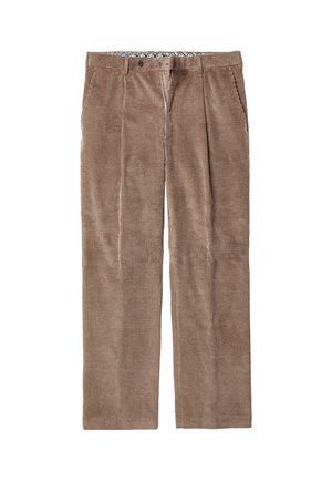 Brown corduroy trousers with front button and zipper, belt loops, and side pockets, laid flat on a white background.