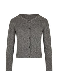 Grauer gestrickter Cardigan mit rundem Ausschnitt, langen Ärmeln und sechs Knopfschließungen, die mit schwarzen dekorativen Knöpfen versehen sind. Die Textur ist weich und gemütlich.