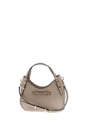Sac à main beige Guess avec poignées supérieures, bandoulière ajustable et plaque logo dorée à l'avant, présenté sur fond blanc.