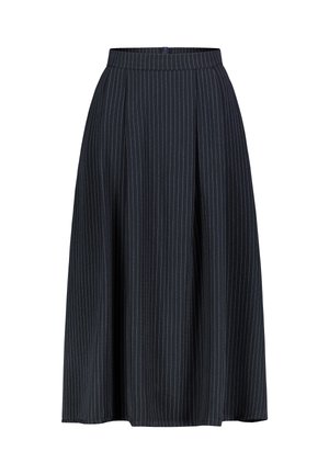 Schwarzer A-Linien-Rock mit feinen vertikalen Nadelstreifen, plissiertem Design, Taillenbund und einem subtilen Glanz. Fällt bis zum Knie.