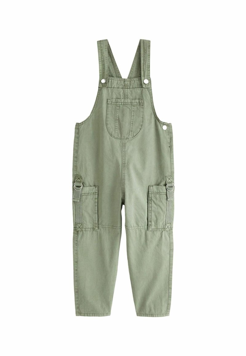 Salopette en coton vert clair avec bretelles réglables, poche poitrine avant et deux poches cargo latérales avec sangles et anneaux métalliques.