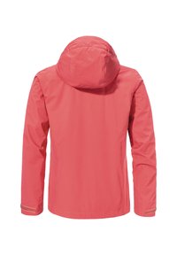 Waterdichte roze jas met een capuchon, lange mouwen en verstelbare manchetten. Grijze textuur en minimale detailing. Achteraanzicht weergegeven.