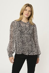 Blouse transparente avec imprimé léopard dans des nuances de noir et beige. Présente un col rond, de longues manches bouffantes et un ourlet arrondi.