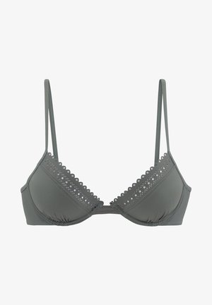 Grauer Dreiecks-BH mit gewellten Spitzelementen, verstellbaren Trägern und glattem Stoff, der durch ein minimalistisches Design und eine weiche Textur besticht.