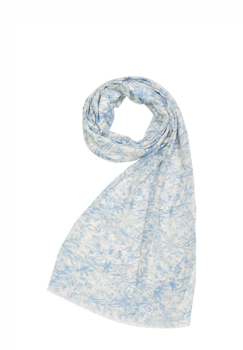 Lahki šal v smetani barvi z modrim cvetličnim vzorcem. Mehak teksturiran material, podolgovata oblika, zviti dizajn z natančnimi cvetličnimi detajli po celotni površini.