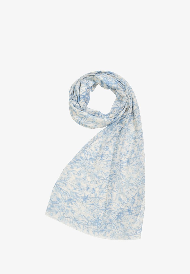 Lahki šal v smetani barvi z modrim cvetličnim vzorcem. Mehak teksturiran material, podolgovata oblika, zviti dizajn z natančnimi cvetličnimi detajli po celotni površini.