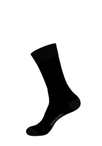 Chaussette en coton noire avec une bordure côtelée, texture lisse, orteils et talon renforcés. Présente un logo sur le côté en blanc contrastant.