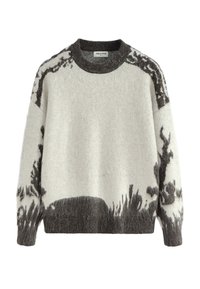 Pull en laine à manches longues, doux, de couleur gris clair, avec des motifs abstraits inspirés de la nature en gris foncé sur les manches, l'ourlet et les épaules.