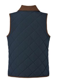 Vattert marineblå vest med brun ribbestrikket krage og armåpninger, med diagonale sømmer som danner et diamantmønster over hele vesten.