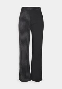 Pantalon noir combinant un design uni et à fines rayures verticales, avec une coupe droite et une taille élastique.