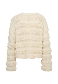 Pull en maille couleur crème avec des rayures horizontales texturées et des manches longues, vu de dos sur fond blanc.
