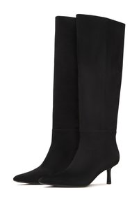 Knee-high black suede boots with a pointed toe and a thin heel. Smooth texture with a fitted silhouette and minimal accents.