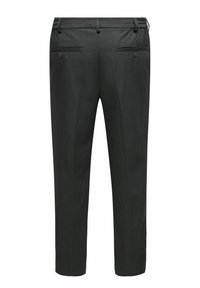 Dunkelgraue Hose aus glattem Stoff, mit elastischem Bund und zwei Gesäßtaschen mit Knöpfen. Taillierte Beinform.