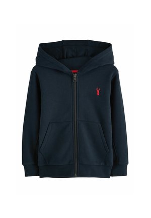 Marineblauer Kapuzenpullover mit Reißverschluss, Fronttaschen und kleinem rotem Hirschkopf-Logo auf der linken Brust, mit Kapuze und gerippten Bündchen.