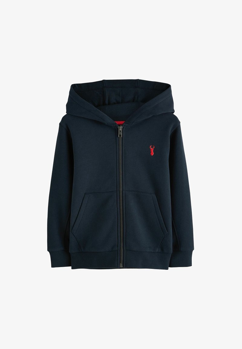 Granatowa bluza z kapturem zapinana na zamek, z przednimi kieszeniami oraz małym czerwonym logo głowy jelenia na lewej piersi, wyposażona w kaptur i ściągacze na rękawach.