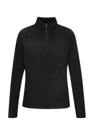 Pullover in pile nero con colletto alto e zip a quarto. Presenta maniche lunghe e una superficie texturizzata liscia. Nessun motivo o accento visibile.