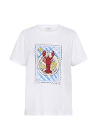 T-shirt en coton blanc présentant un graphique de homard dans un design évoquant un timbre bleu et blanc, accentué de tranches de citron jaunes.